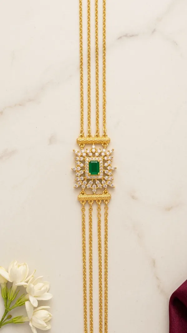 Luxury_Multi-Strand_Gold_Chain_Necklace_with_Royal_Green_Emerald_Side_Pendant
