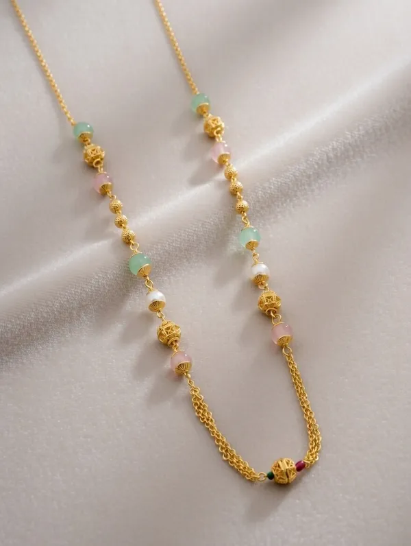 Multi-Color_Pastel_Stone_&_Gold-Toned_Multi-Strand_Chain_Necklace