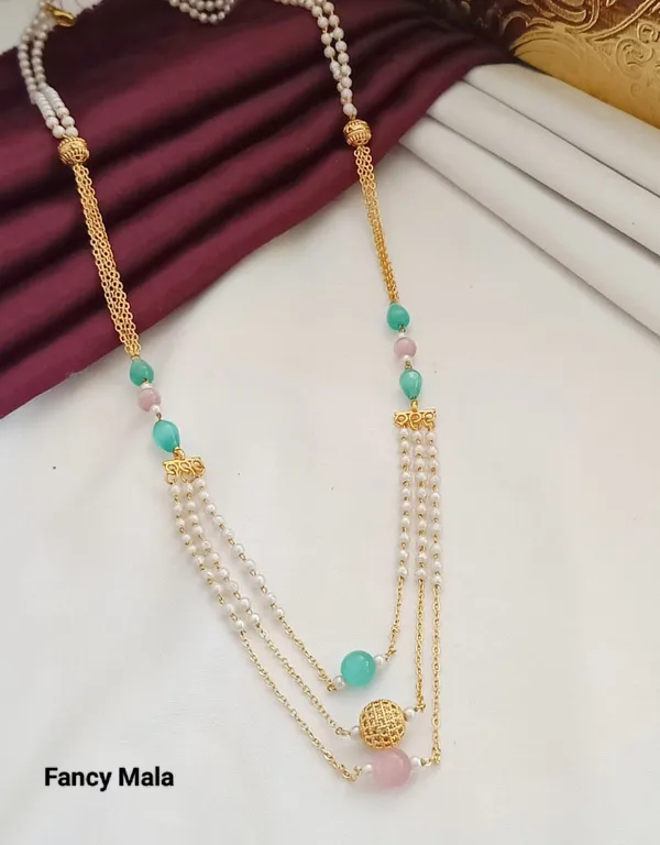 Multi-Strand_Gold_Chain_Mala_with_Pearls,_Aqua_Green,_and_Blush_Pink_Gemstone_Beads_and_Textured_Gold_Sphere_Accent