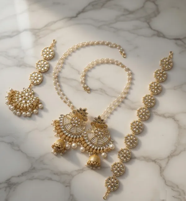 VIHAL_JEWELLERY__Ethnic_Kundan_Matha_Patti_Sheeshphool_with_Long_pearl_Earchain_&_Maang_Tikka__with_Chanbali_Earrings_Jewelry_Set_for_Women