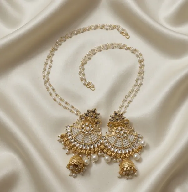 VIHAL_JEWELLERY__Ethnic_Kundan_Matha_Patti_Sheeshphool_with_Long_pearl_Earchain_&_Maang_Tikka__with_Chanbali_Earrings_Jewelry_Set_for_Women