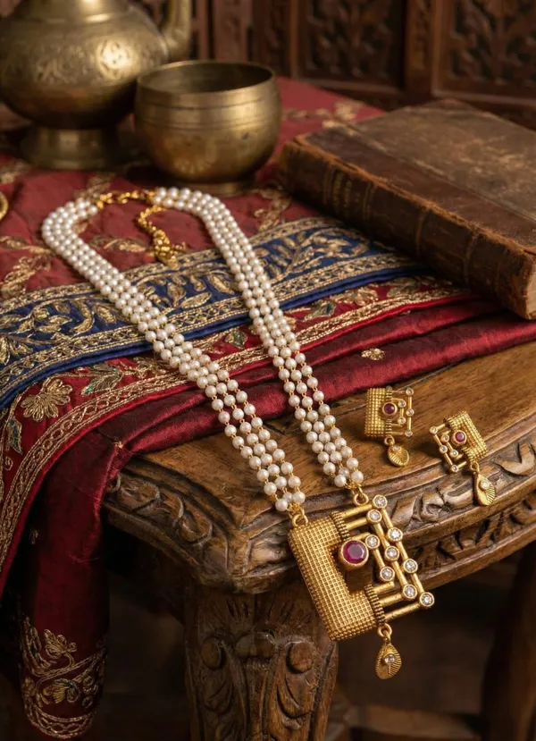 Regal_Triple-Strand_Pearl_Necklace_Set_with_Geometric_Gold_Pendant