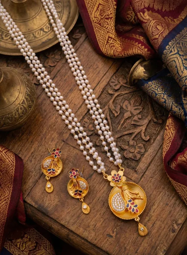 Regal_Triple-Strand_Pearl_Rani_Haar_with_Meenakari_&_CZ_Floral_Pendant_Set