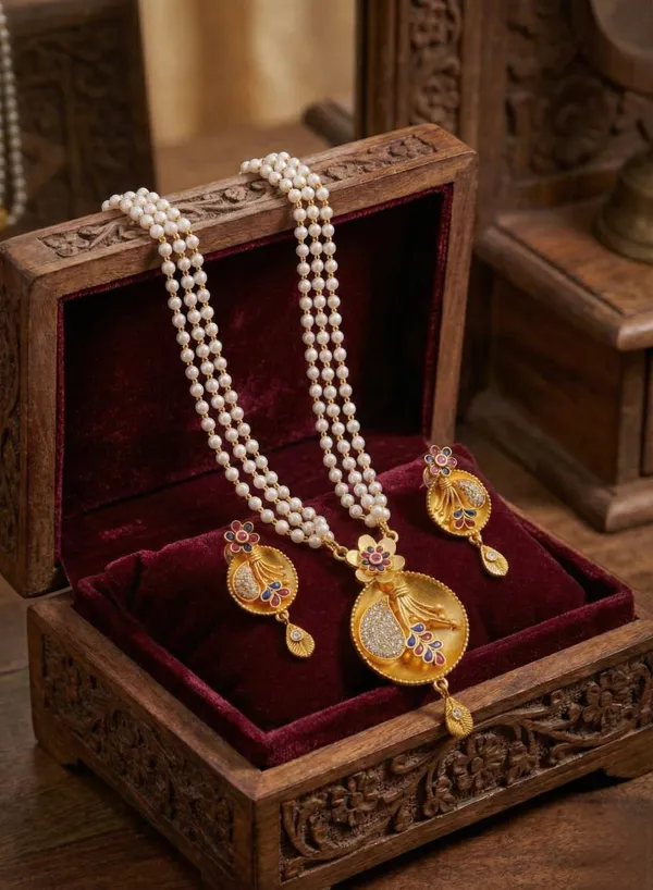 Regal_Triple-Strand_Pearl_Rani_Haar_with_Meenakari_&_CZ_Floral_Pendant_Set
