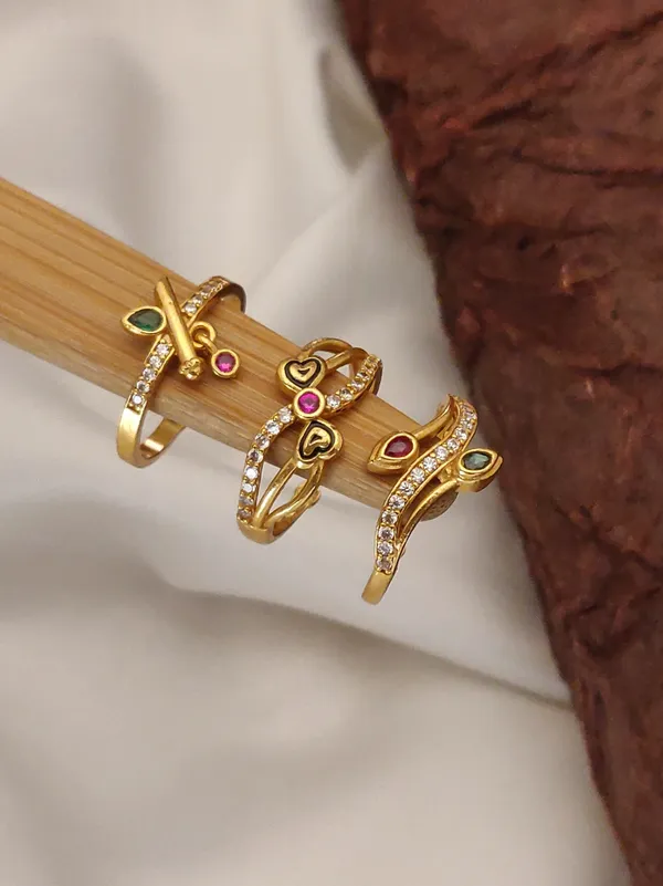 Set_of_3_Modern_Gold_Plated_Adjustable_Finger_Rings_with_Dual_Heart,Leaf,and_CZ_Cross_Designs