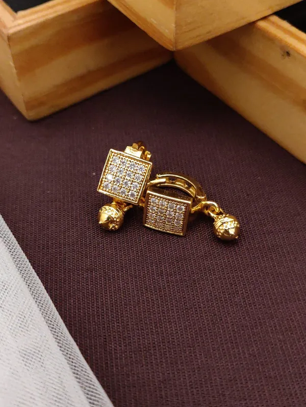 Square_CZ_Cluster_&_Golden_Bell_Drop_Earrings
