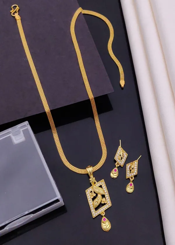 Stylish_Gold-Plated_Leaf_Design_Pendant_Necklace_&_Earrings_Set_|Ruby_Stone_Detailing