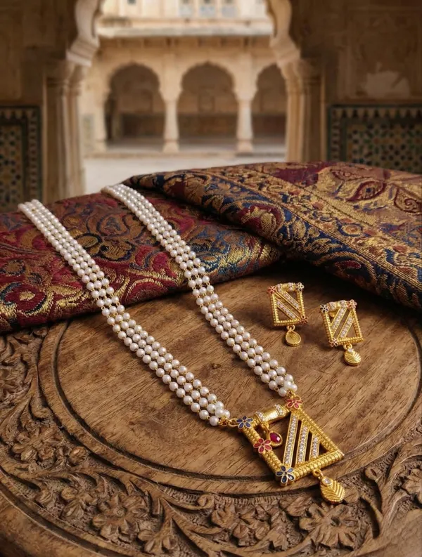 Three-Layered_Pearl_Mala_with_Geometric_Gold-Toned_Pendant_and_Matching_Earrings