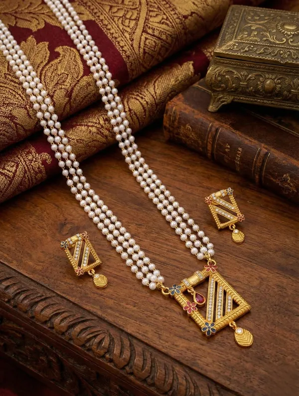 Three-Layered_Pearl_Mala_with_Geometric_Gold-Toned_Pendant_and_Matching_Earrings