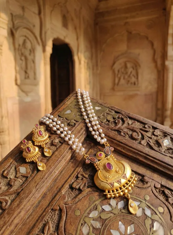 Traditional_3-Layer_Pearl_Mala_with_Matte_Gold_Pendant_&_Matching_Earrings