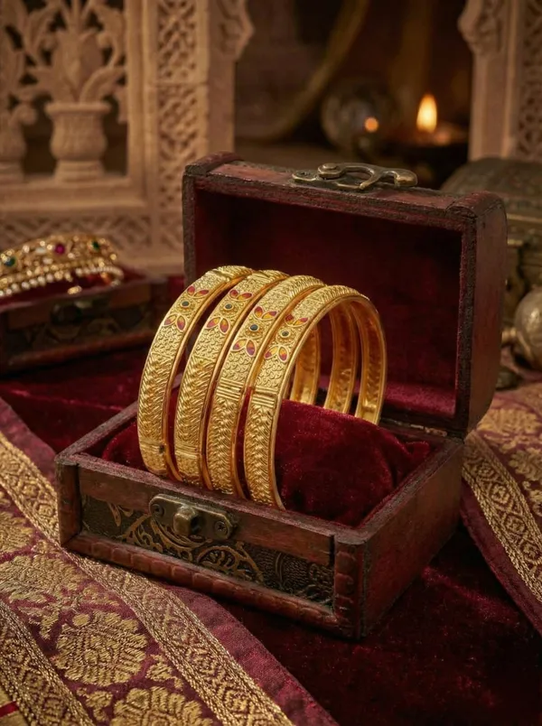 Traditional_Hand-Engraved_Gold_Kada_Set_with_Enamel_Detailing