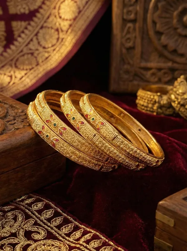 Traditional_Hand-Engraved_Gold_Kada_Set_with_Enamel_Detailing
