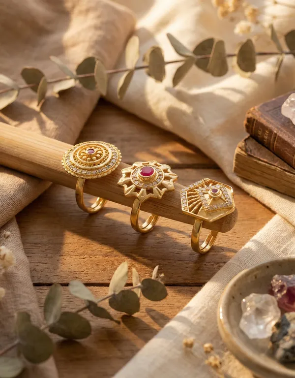 Trio_of_Traditional_Gold-Finished_Filigree_Rings_with_Ruby_and_Zircon_Accents