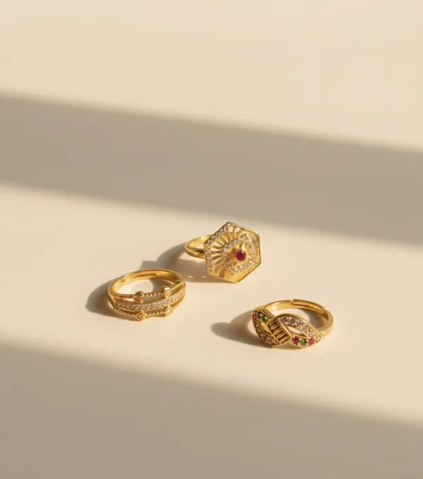 Modern_Gold_Ring_Trio_with_Geometric,_Pavé_&_Multicolor_Stone_Accents