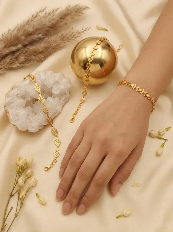 VIHAL_JEWELLERY_Gold-Plated_Minimalist_Bracelet_Set_-_Nature-Inspired_Leaf,_Floral_&_Bow_Designs