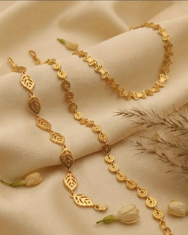 VIHAL_JEWELLERY_Gold-Plated_Minimalist_Bracelet_Set_-_Nature-Inspired_Leaf,_Floral_&_Bow_Designs