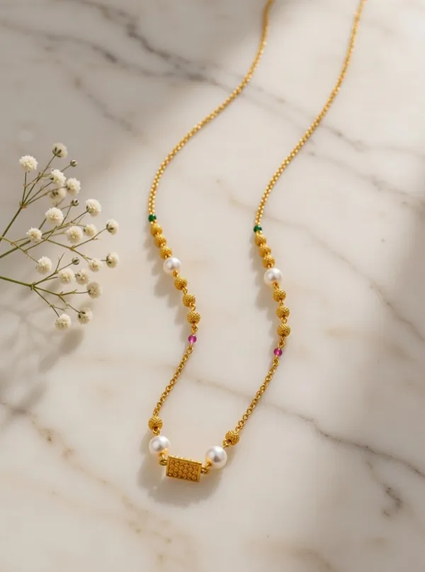 VIHAL_JEWELLERY_Gold-Plated_Minimalist_Pearl_&_Textured_Bead_Mala