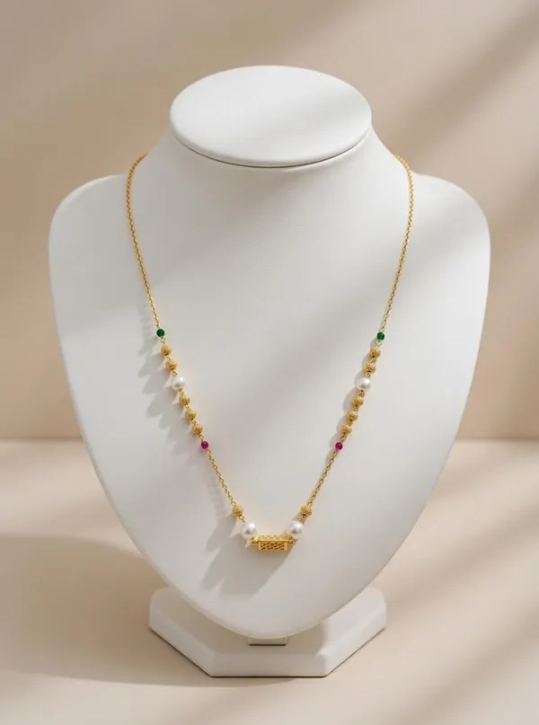 VIHAL_JEWELLERY_Gold-Plated_Minimalist_Pearl_&_Textured_Bead_Mala
