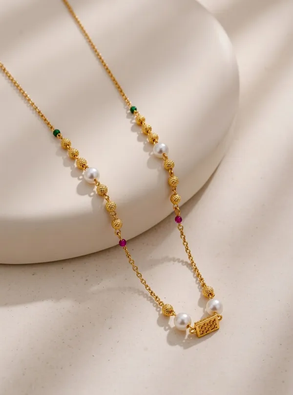 VIHAL_JEWELLERY_Gold-Plated_Minimalist_Pearl_&_Textured_Bead_Mala