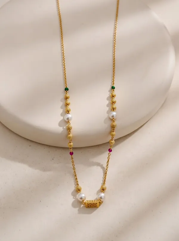 VIHAL_JEWELLERY_Gold-Plated_Minimalist_Pearl_&_Textured_Bead_Mala