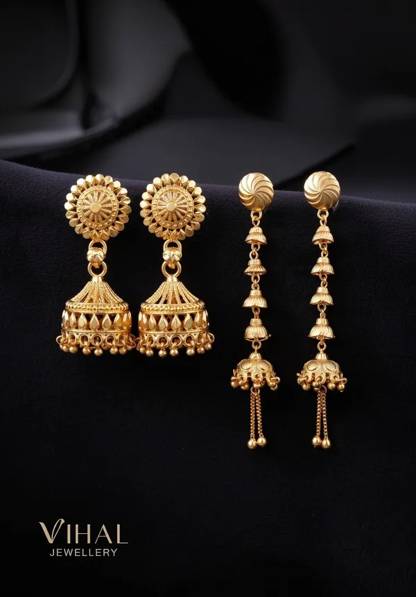VIHAL_JEWELLERY_Gold-Plated_Traditional_Earring_Combo_|_Classic_Jhumka_&_Long_Layered_Latkan_Drops