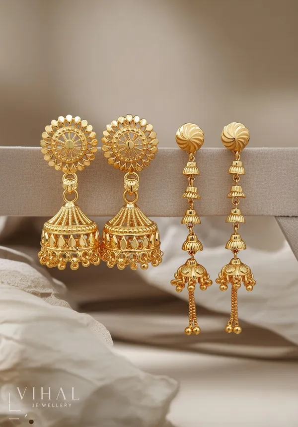 VIHAL_JEWELLERY_Gold-Plated_Traditional_Earring_Combo_|_Classic_Jhumka_&_Long_Layered_Latkan_Drops