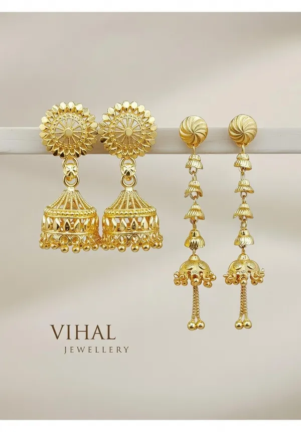 VIHAL_JEWELLERY_Gold-Plated_Traditional_Earring_Combo_|_Classic_Jhumka_&_Long_Layered_Latkan_Drops