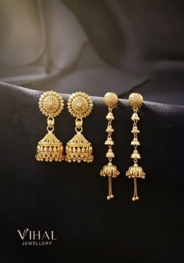 VIHAL_JEWELLERY_Gold-Plated_Traditional_Earring_Combo_|_Classic_Jhumka_&_Long_Layered_Latkan_Drops