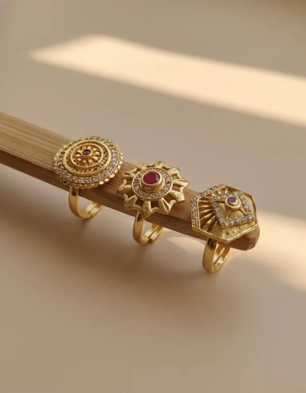 Trio_of_Traditional_Gold-Finished_Filigree_Rings_with_Ruby_and_Zircon_Accents