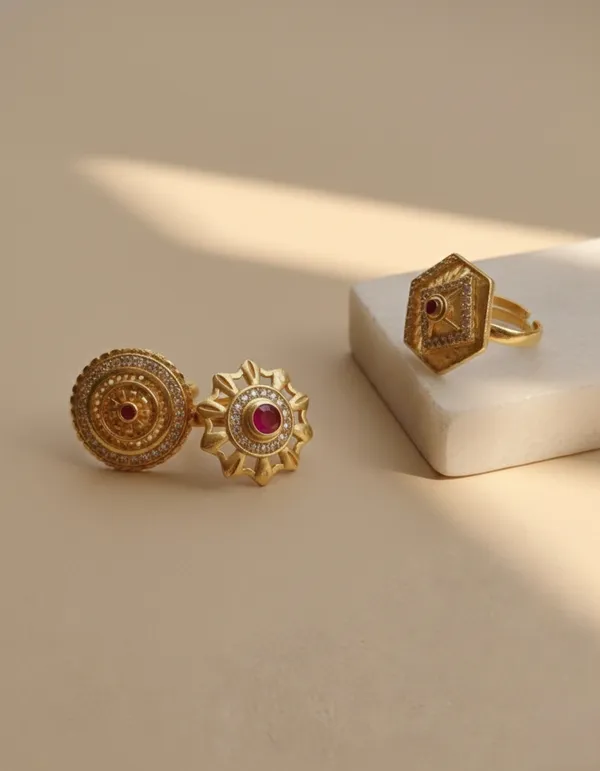 Trio_of_Traditional_Gold-Finished_Filigree_Rings_with_Ruby_and_Zircon_Accents