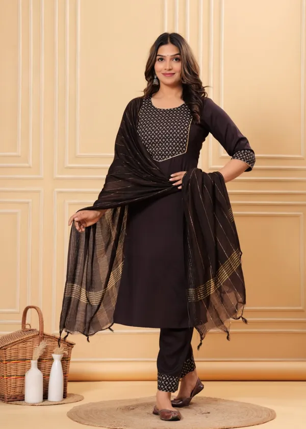 Brown_cotton_Rayon_Kurti_Dupatta_set_For_women