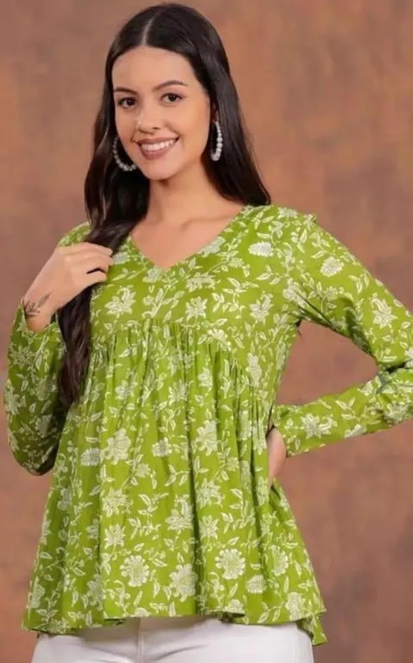 Women_Green_Floral_Printed_Long_Sleeve_Tunic_Top