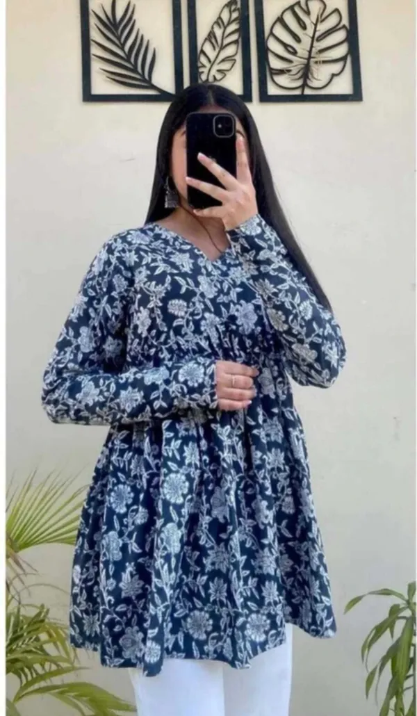 Women_Dark_Blue_Floral_Printed_Long_Sleeve_Tunic_Top