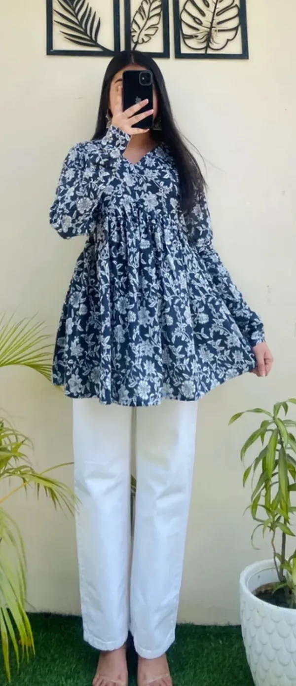 Women_Dark_Blue_Floral_Printed_Long_Sleeve_Tunic_Top