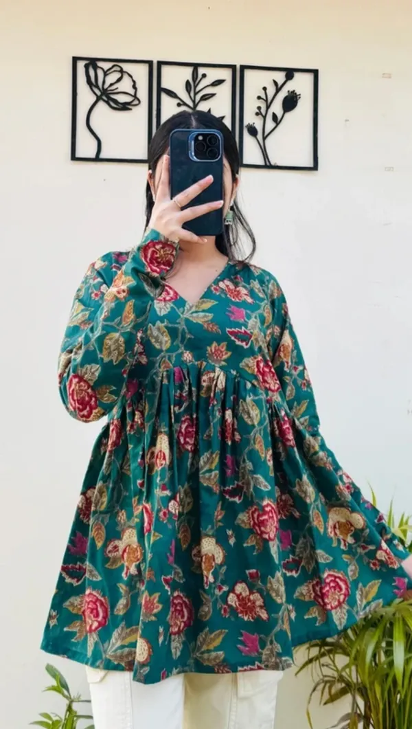 Women_Teal_Green_Floral_Printed_Long_Sleeve_Tunic_Top