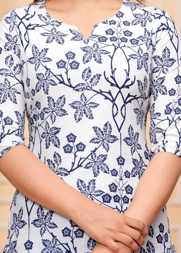 White_&_Blue_Casual_Regular_Sleeves_printed_Cotton_Top_For_Women