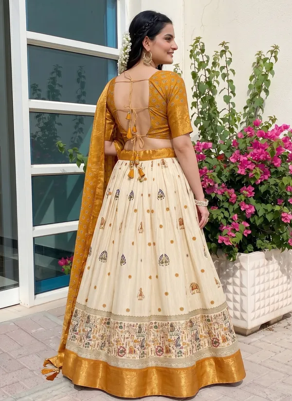 Yellow_With_Heavy_Lichi_Fabric_With_Jacquard_Border_Jari_Lining_With_Print