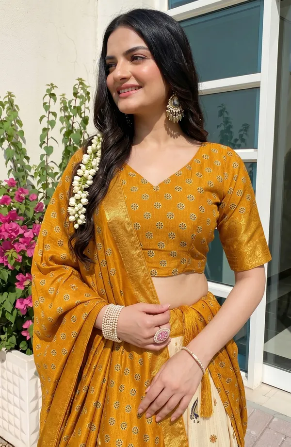 Yellow_With_Heavy_Lichi_Fabric_With_Jacquard_Border_Jari_Lining_With_Print