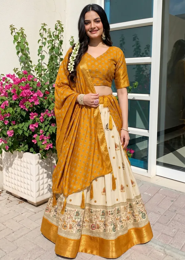 Yellow_With_Heavy_Lichi_Fabric_With_Jacquard_Border_Jari_Lining_With_Print