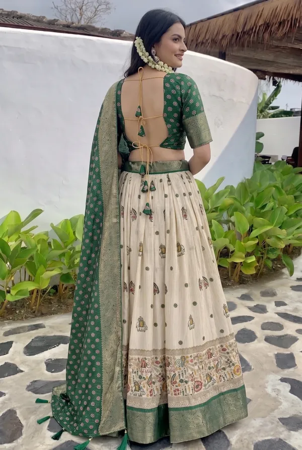 Green_With_Heavy_Lichi_Fabric_With_Jacquard_Border_Jari_Lining_With_Print