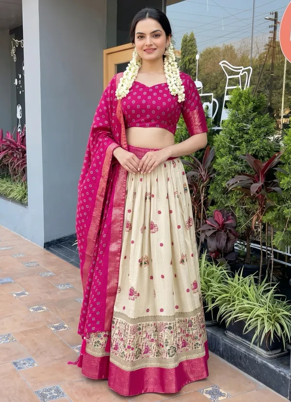 Pink_With_Heavy_Lichi_Fabric_With_Jacquard_Border_Jari_Lining_With_Print