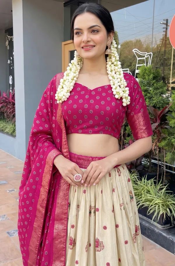 Pink_With_Heavy_Lichi_Fabric_With_Jacquard_Border_Jari_Lining_With_Print