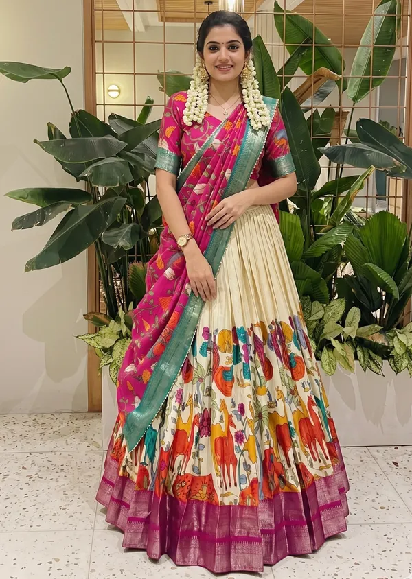 White_Color_Dola_Silk_Designer_Kalamkari_Print_Lehenga_Choli