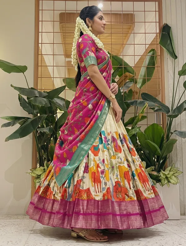 White_Color_Dola_Silk_Designer_Kalamkari_Print_Lehenga_Choli