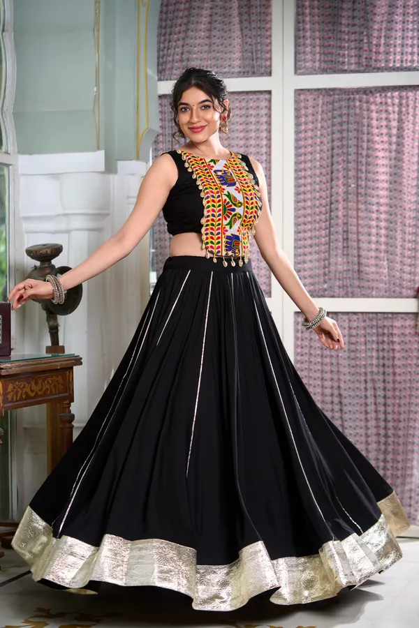 White Rayon Multicolor Lehenga with Patch Work Shirt and Gamthi Work Koti