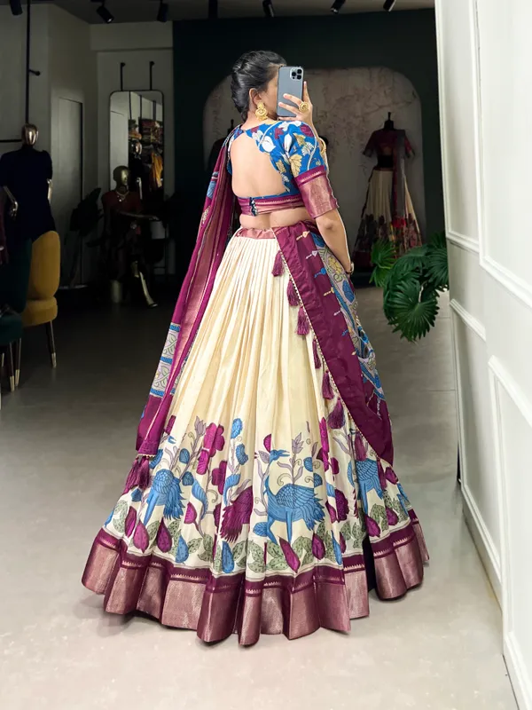White_Color_Dola_Silk_Designer_Kalamkari_Print_Lehenga_Choli