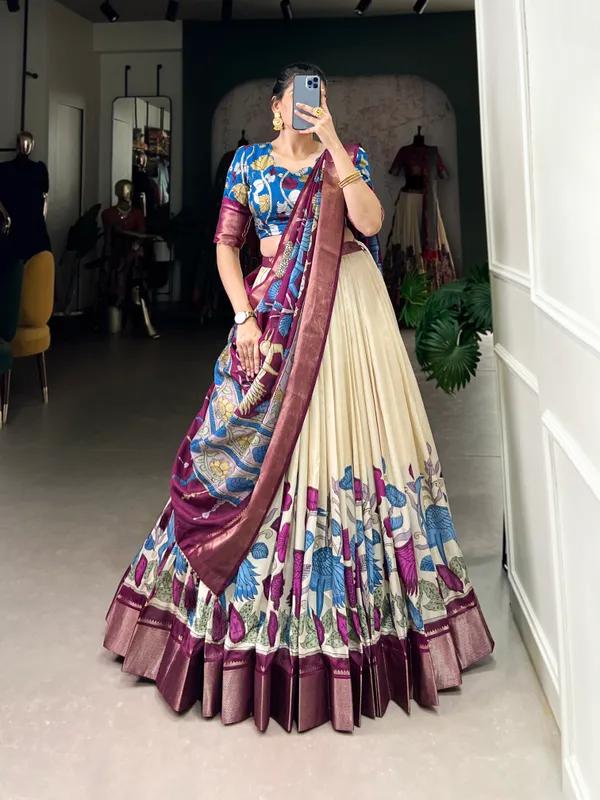 White_Color_Dola_Silk_Designer_Kalamkari_Print_Lehenga_Choli