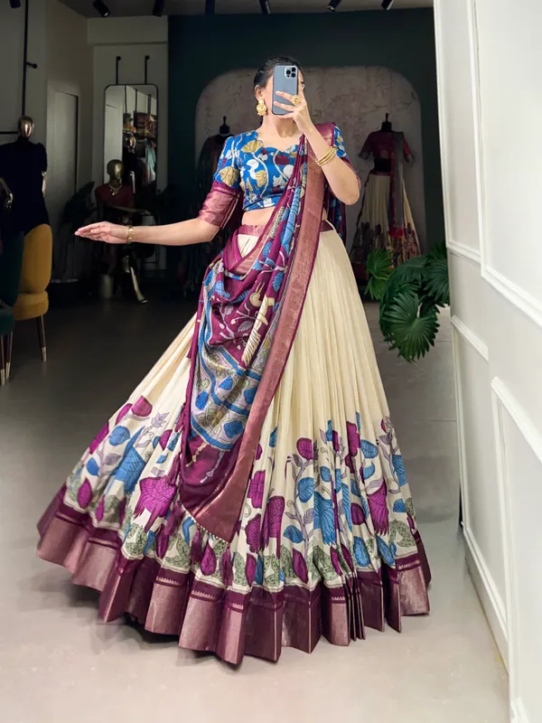 White_Color_Dola_Silk_Designer_Kalamkari_Print_Lehenga_Choli