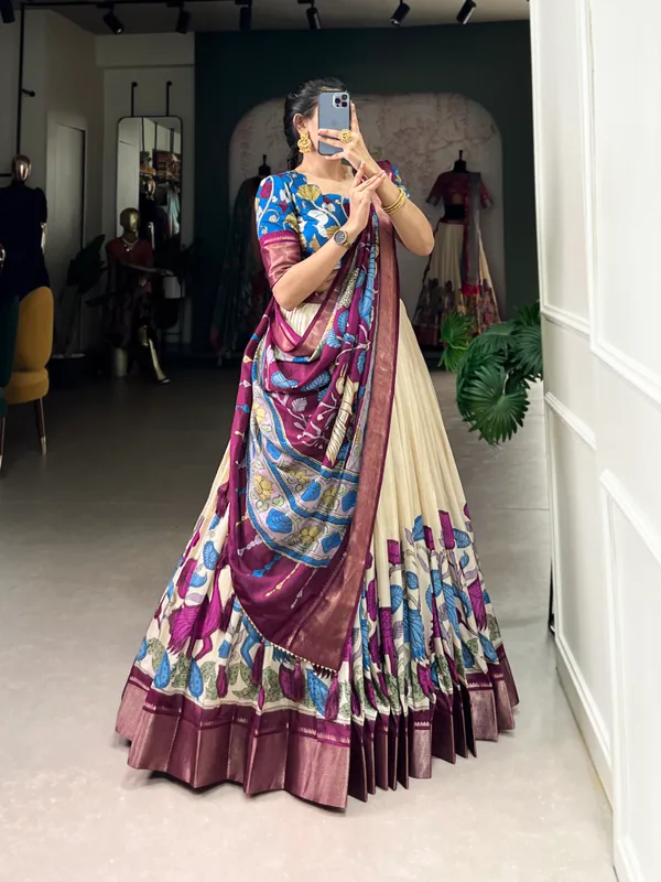 White_Color_Dola_Silk_Designer_Kalamkari_Print_Lehenga_Choli