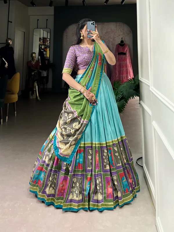 SGreen_color_tussar_silk_foil_print_lehenga_choli